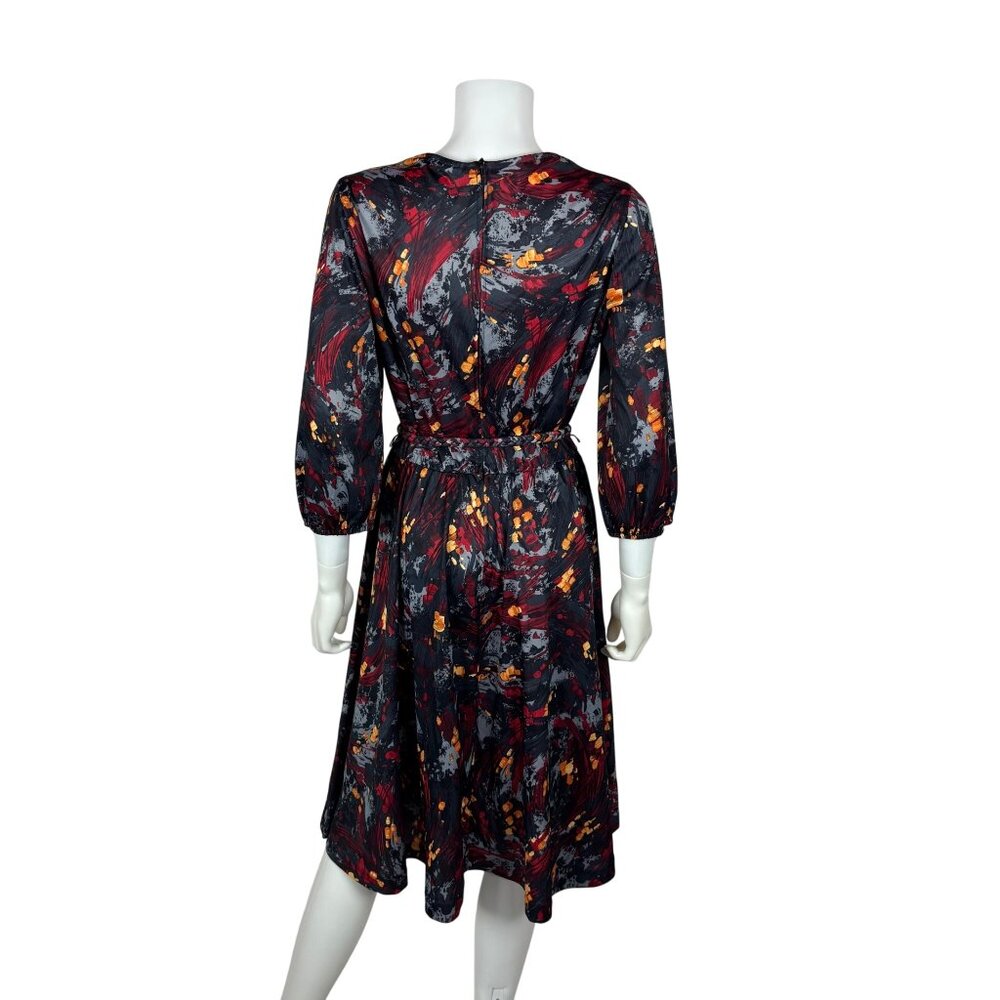 Vintage 70s Artsy Dress Womens Large Red Gray Abstract Print Braided Belt Fit An - Picture 11 of 11